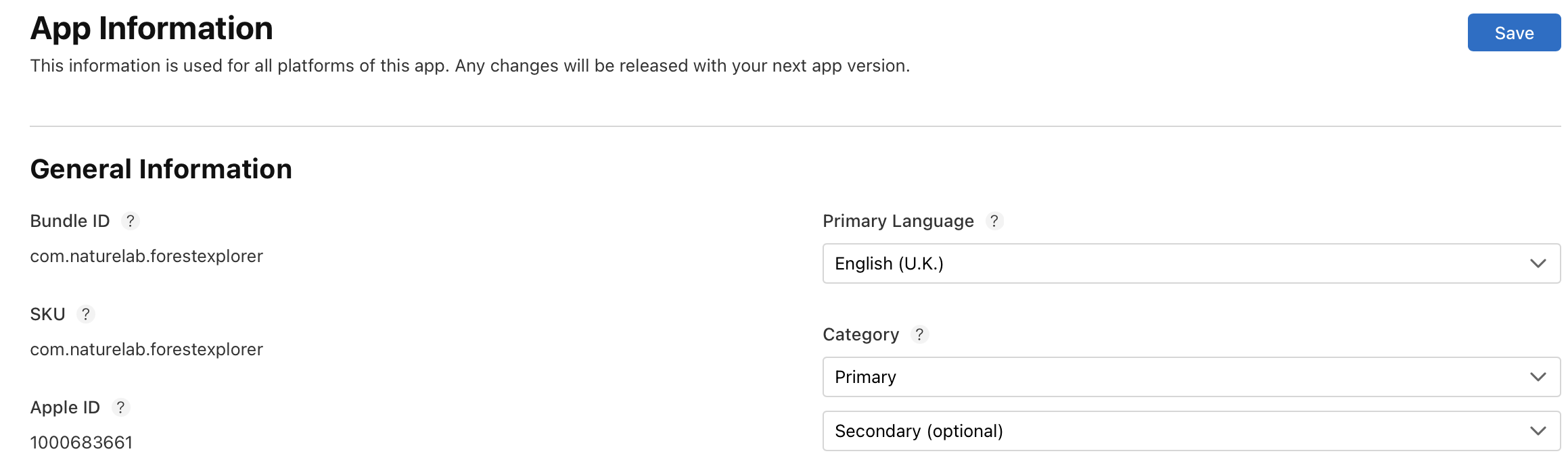 Screenshot of the App Information page, where the General Information section displays the current primary language and a pop-up menu to choose a new primary language.