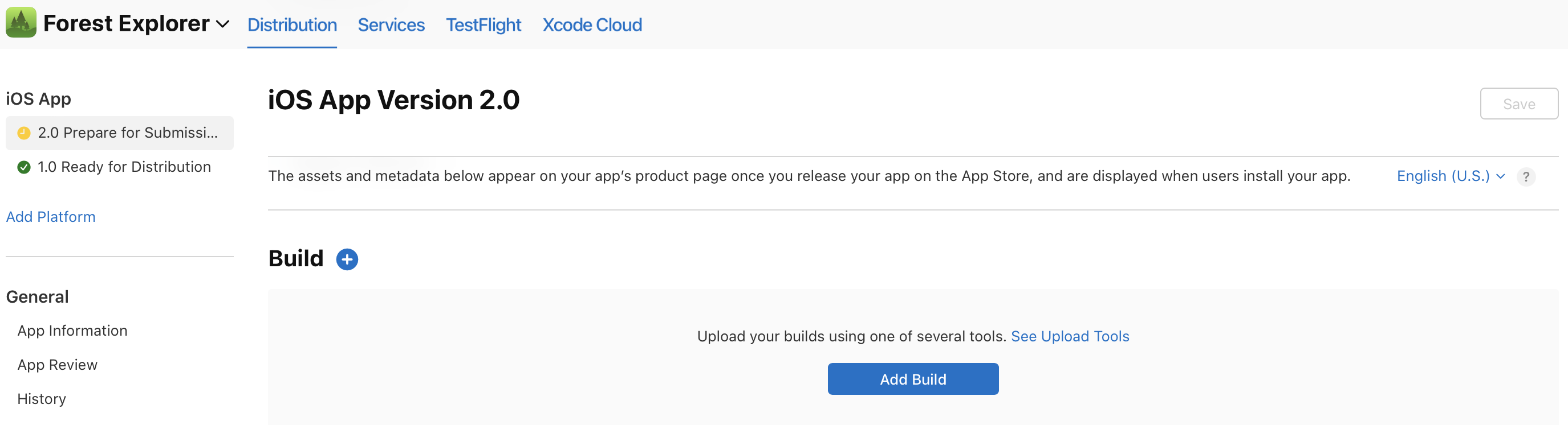 Screenshot of the build section on the iOS platform detail page which has an Add Build button.