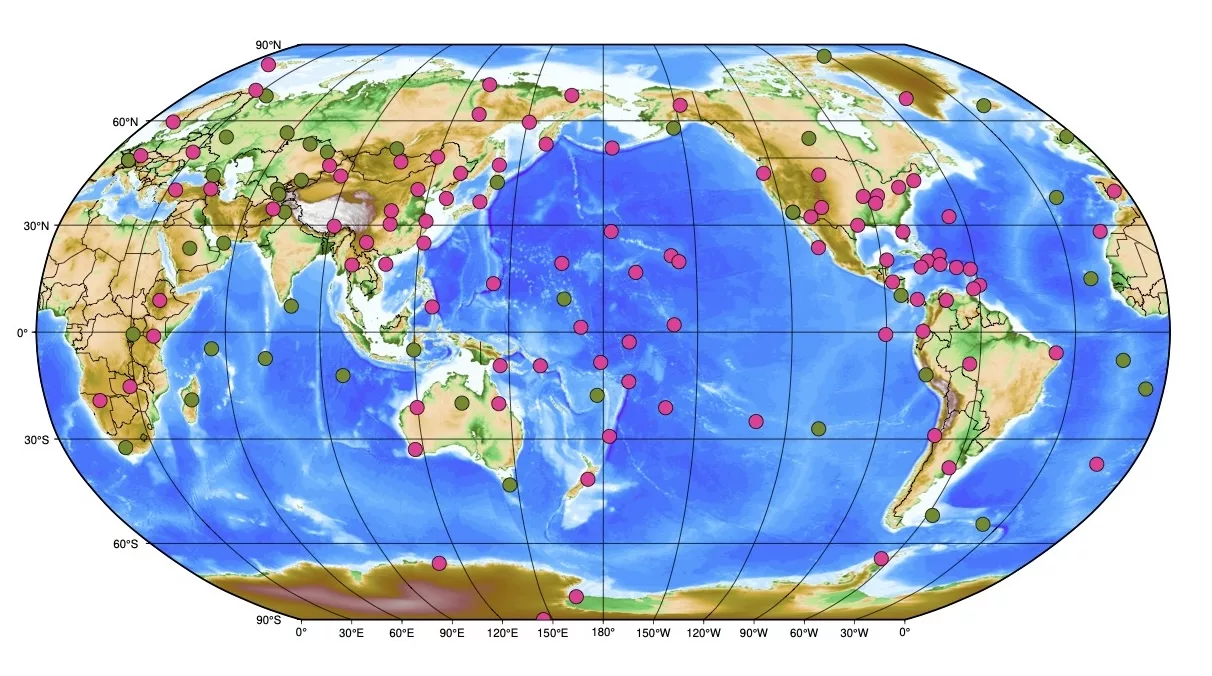 World map showing the locations of the Global Seismographic Network (GSN) stations. USGS GSN sites are shown as pink circles and NSF/EarthScope/IDA stations are shown as green circles.