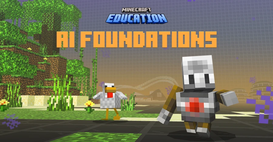 Minecraft block-style scene with a duck and agent walking through a wooded area. It says “Minecraft Education AI Foundations”